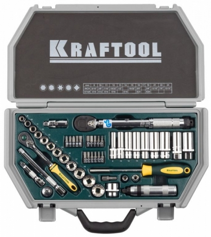 products/Набор торцовых головок KRAFTOOL "INDUSTRIE QUALITAT" (3/8") универсальный, Cr-V, пластиковый кейс, 49 предметов, 27975-H49