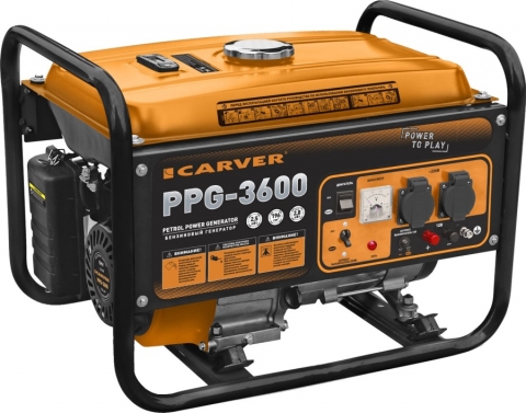 products/Генератор бенз.  CARVER PPG- 3600 (LT-168F-1, 2,5/2,8кВт, 220В, бак 15л, обмотка медь)