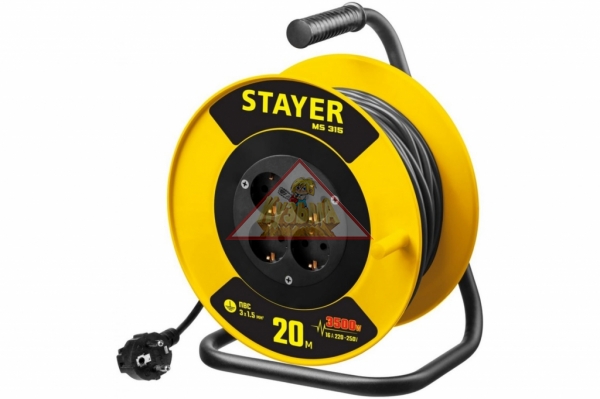 Удлинитель на катушке Stayer MS 315, 20 м, 3500 Вт, заземление, 4 гнезда, ПВС 3x1,5 кв мм, 55078-20