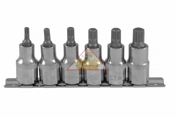 912706 Набор насадок торцевых 1/2"DR с вставками-битами SPLINE на держателе, M5-M12, 6 предметов.OMBRA