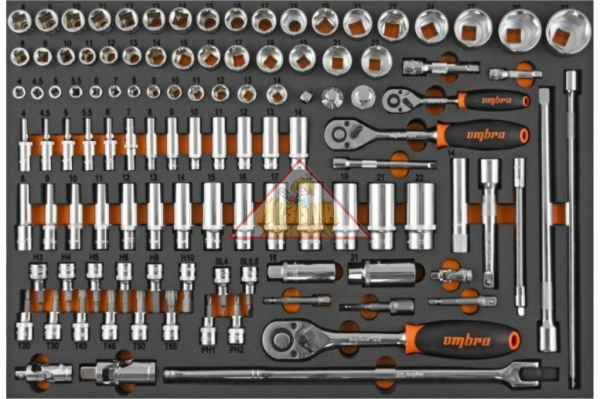 OMT111STE Набор головок торцевых 1/4", 3/8", 1/2" DR с аксессуарами в EVA ложемете 5н60x375 мм, 111 предметов.OMBRA