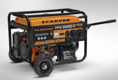 products/Генератор бенз.  CARVER PPG- 8000E-3 (LT-190F, 6,0/6,5кВт,220/380В,бак25л, эл.ст., колеса/рук.,медь)